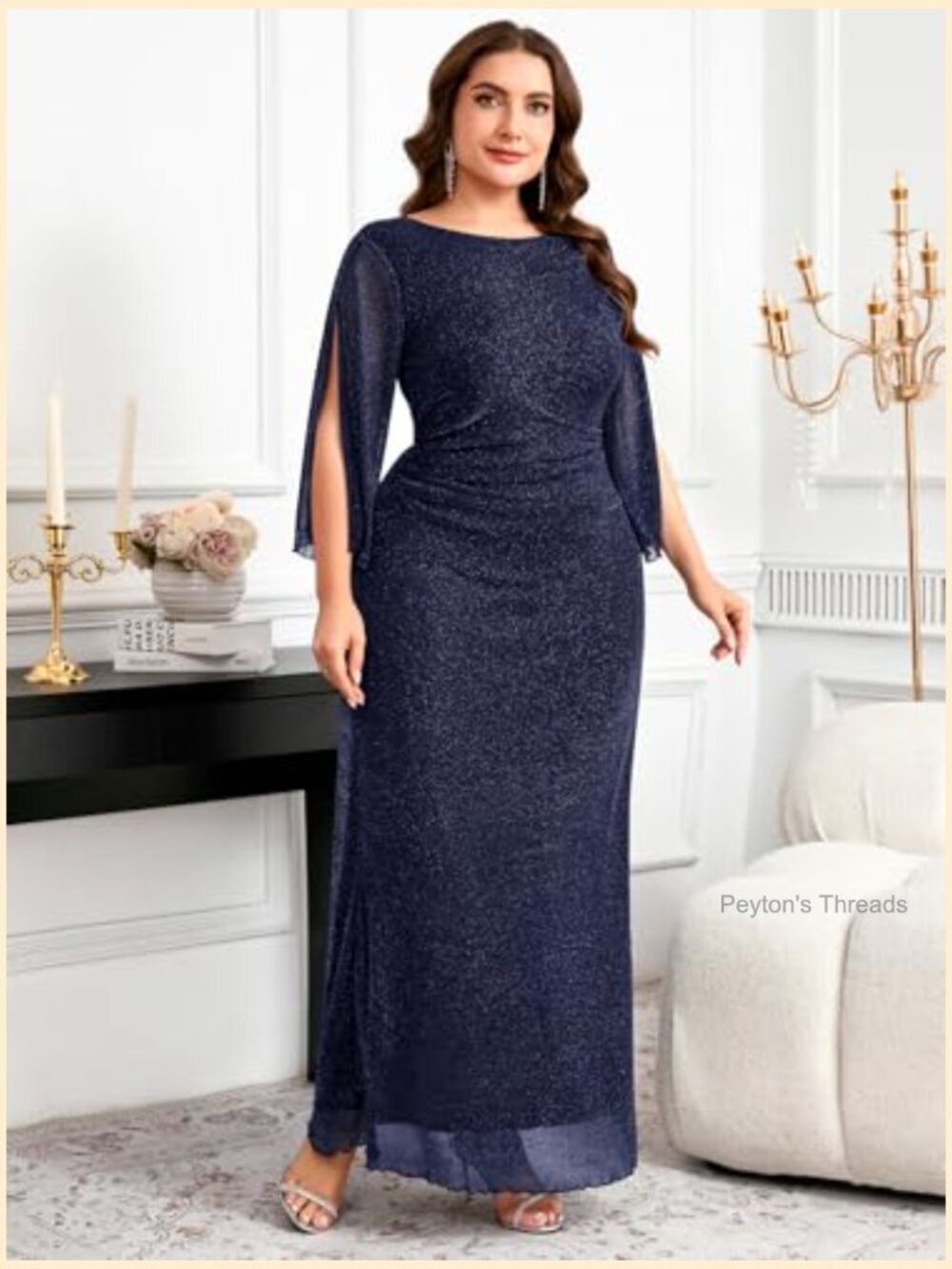 Plus Size Glitter Evening Dress 3/4 Sleeve Sheath Maxi Gown